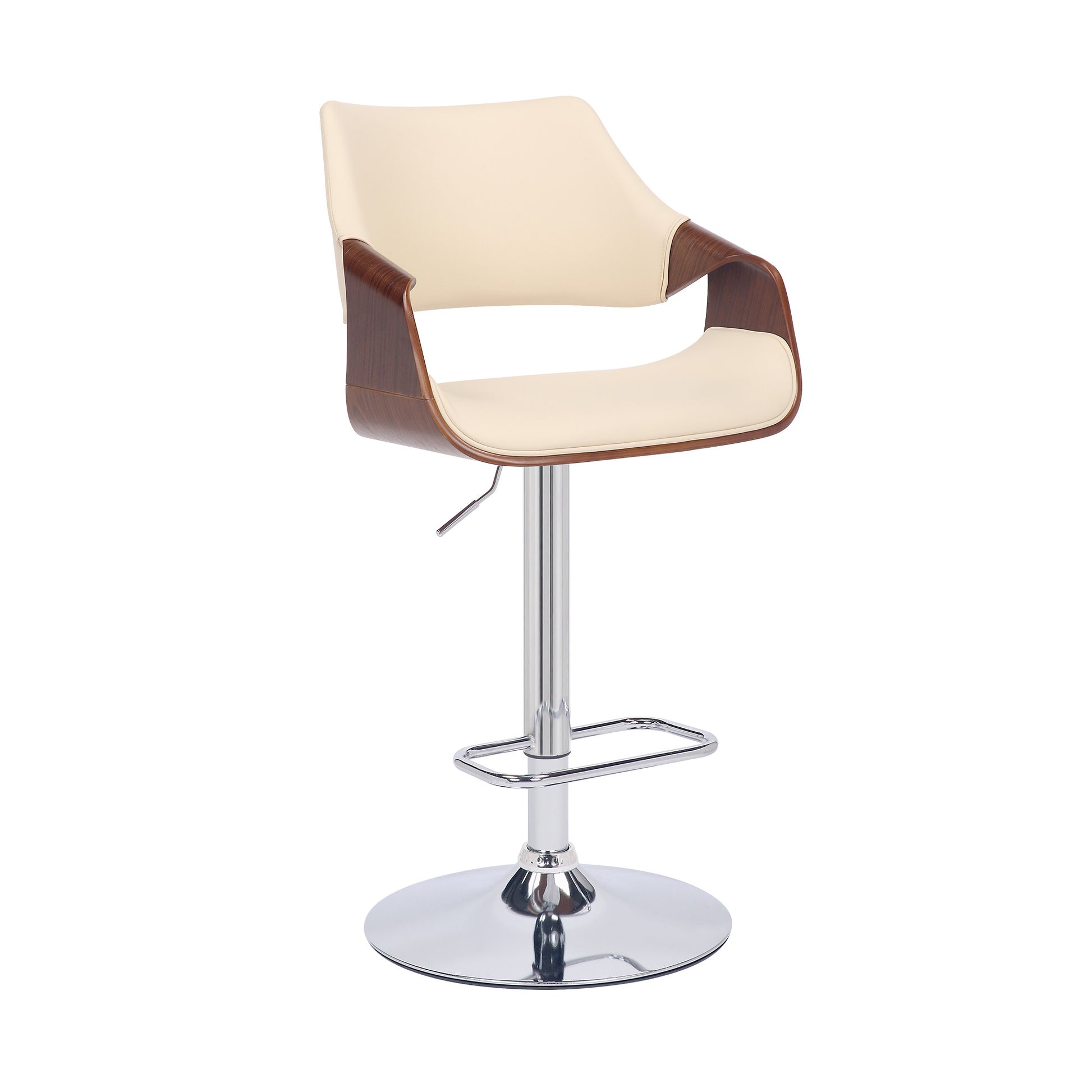 Cream Faux Leather and Walnut Wood and Chrome Swivel Adjustable Bar Stool By Homeroots | Bar Stools | Modishstore - 2