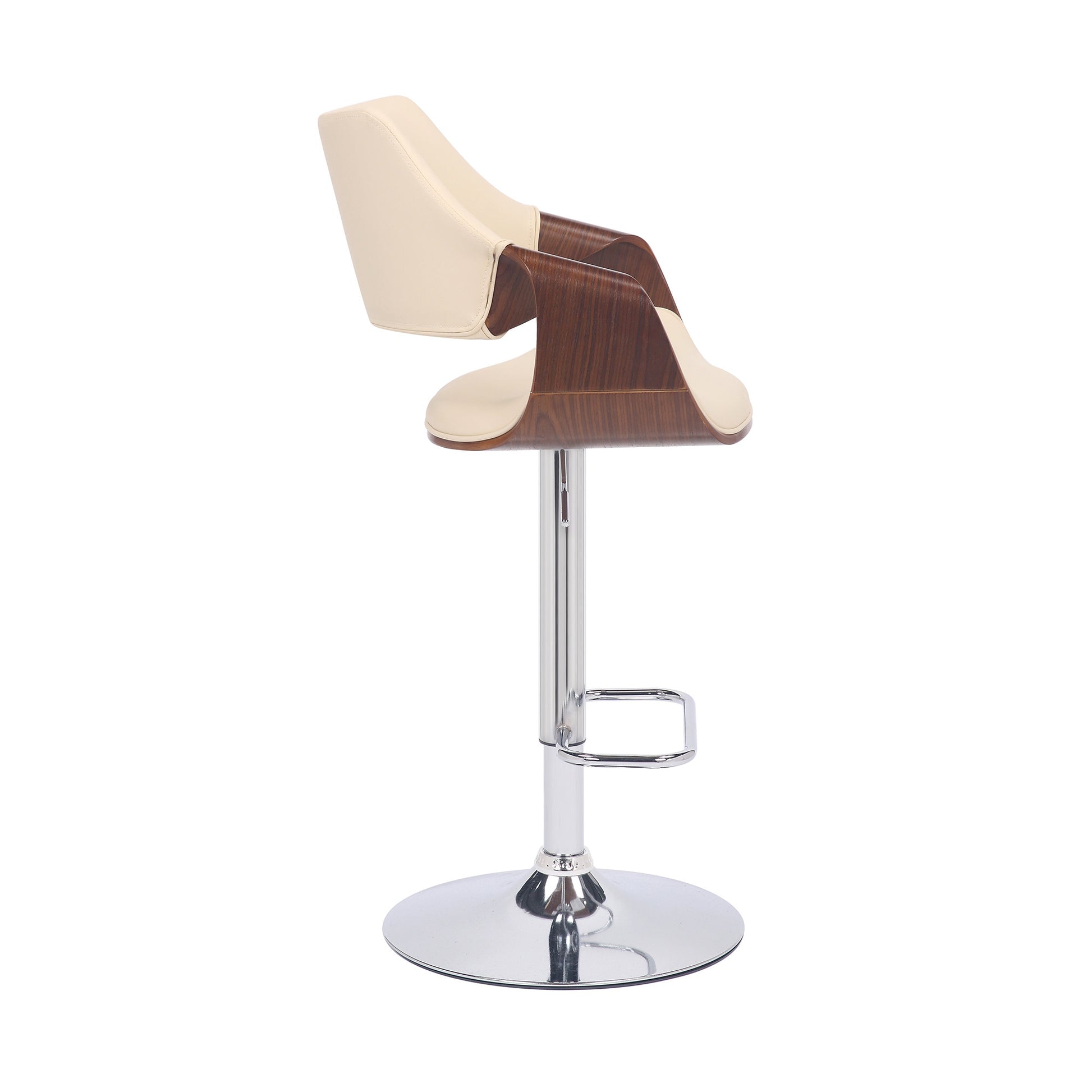 Cream Faux Leather and Walnut Wood and Chrome Swivel Adjustable Bar Stool By Homeroots | Bar Stools | Modishstore - 4