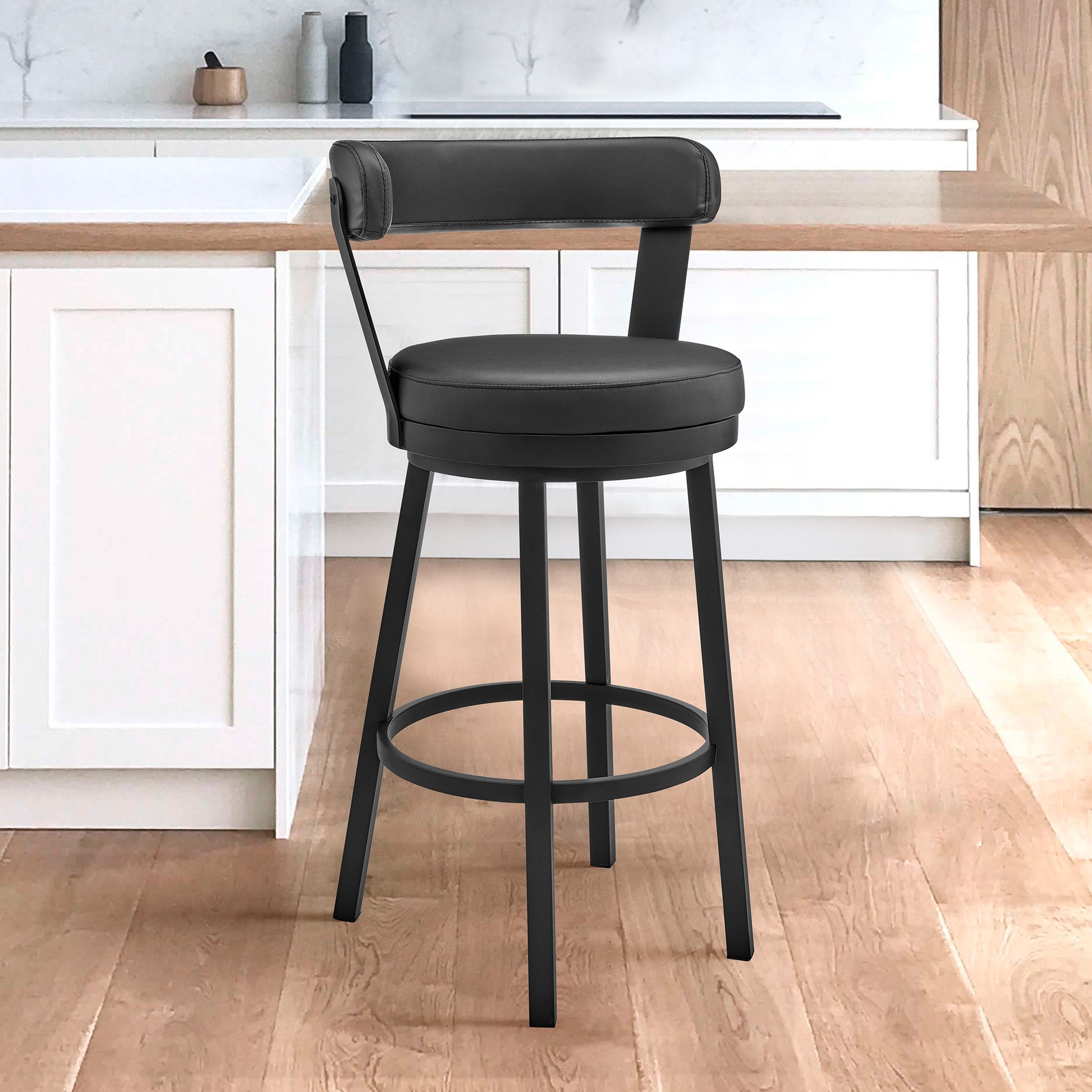 26" Chic Black Faux Leather with Black Finish Swivel Bar Stool By Homeroots | Bar Stools | Modishstore