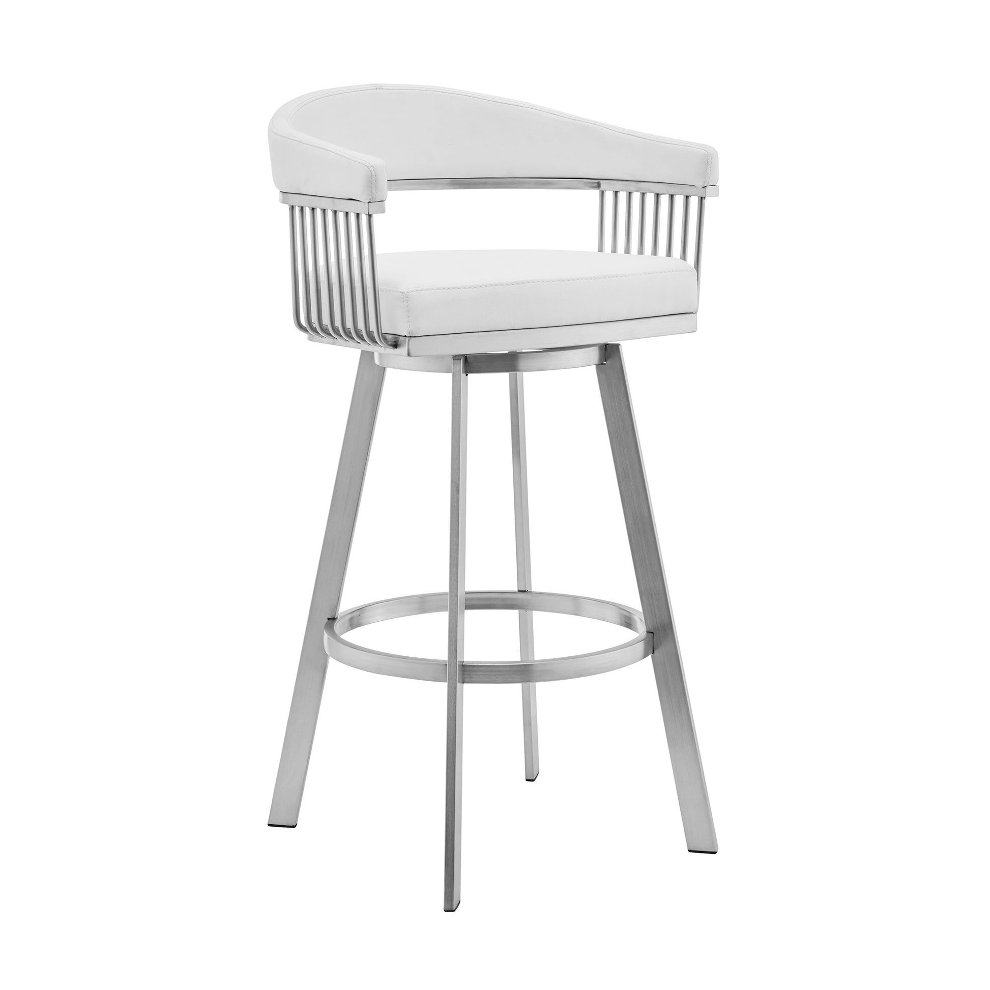 30" Mod White Faux Leather Brushed Silver Finish Swivel Bar Stool By Homeroots | Bar Stools | Modishstore - 2