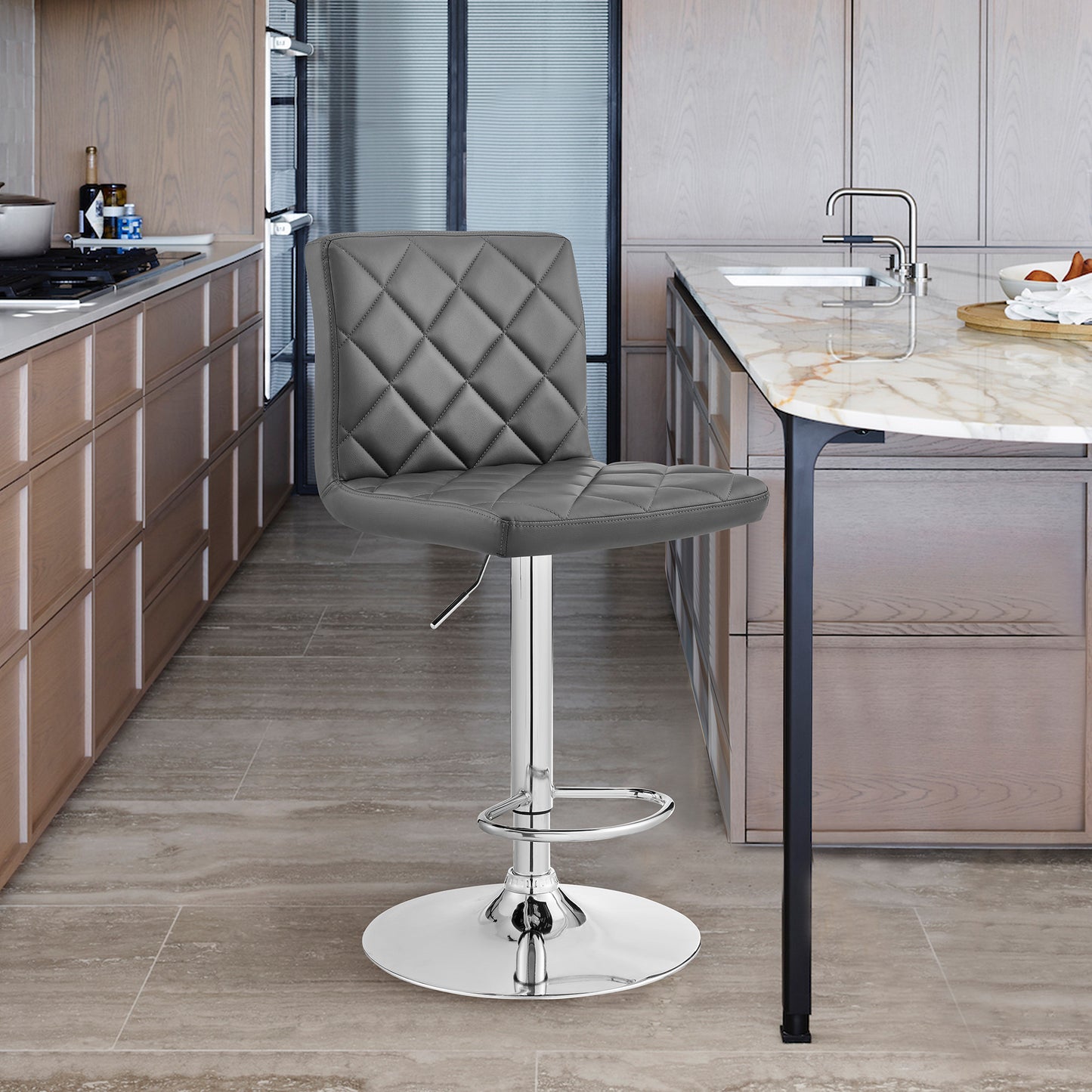 Gray Faux Leather Chrome Base Swivel Adjustable Bar Stool By Homeroots | Bar Stools | Modishstore