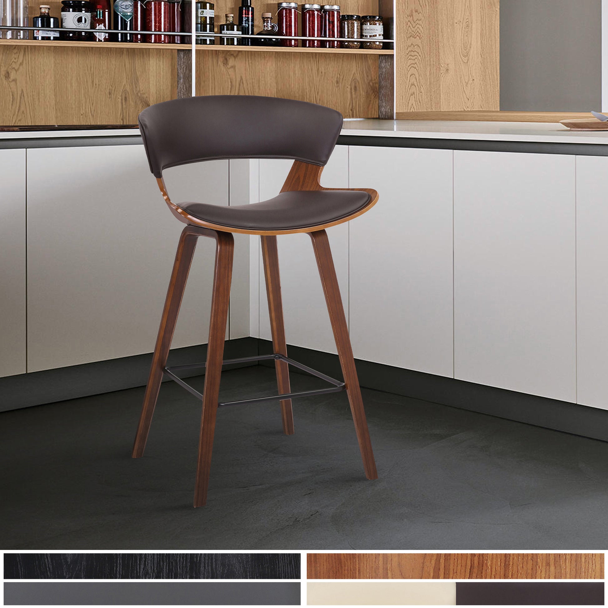 Dark Brown Faux Leather and Wood Modern Bar Stool By Homeroots | Bar Stools | Modishstore