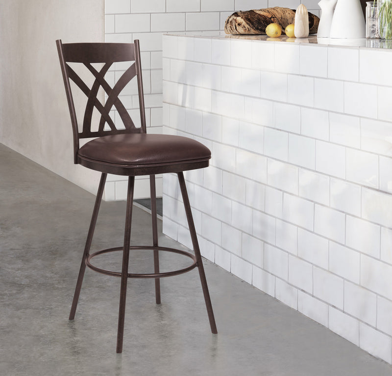 26" Stylish Brown Faux Leather Brown Metal Lattice Back Swivel Bar Stool By Homeroots | Bar Stools | Modishstore