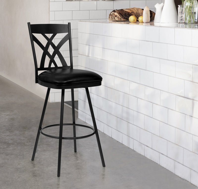 26" Stylish Black Faux Leather Black Metal Lattice Back Swivel Bar Stool By Homeroots | Bar Stools | Modishstore