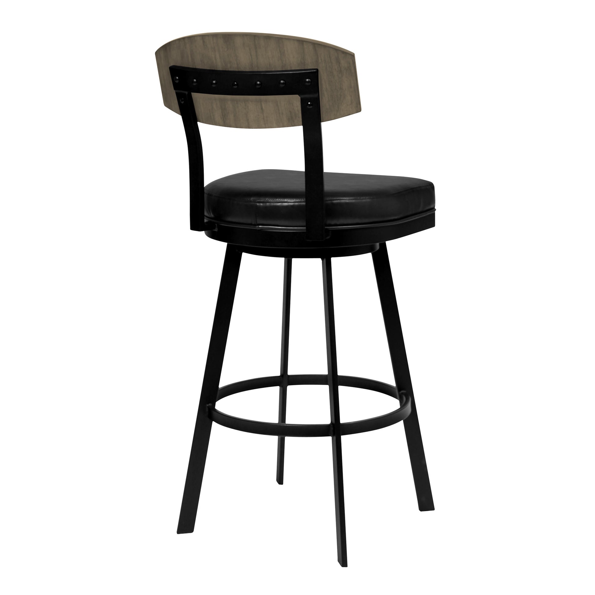 26" Black Faux Leather Black Metal and Gray Walnut Open Back Swivel Bar Stool By Homeroots | Bar Stools | Modishstore - 3