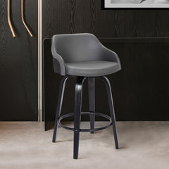 30” Gray Swivel Faux Leather Black Wooden Bar Stool By Homeroots