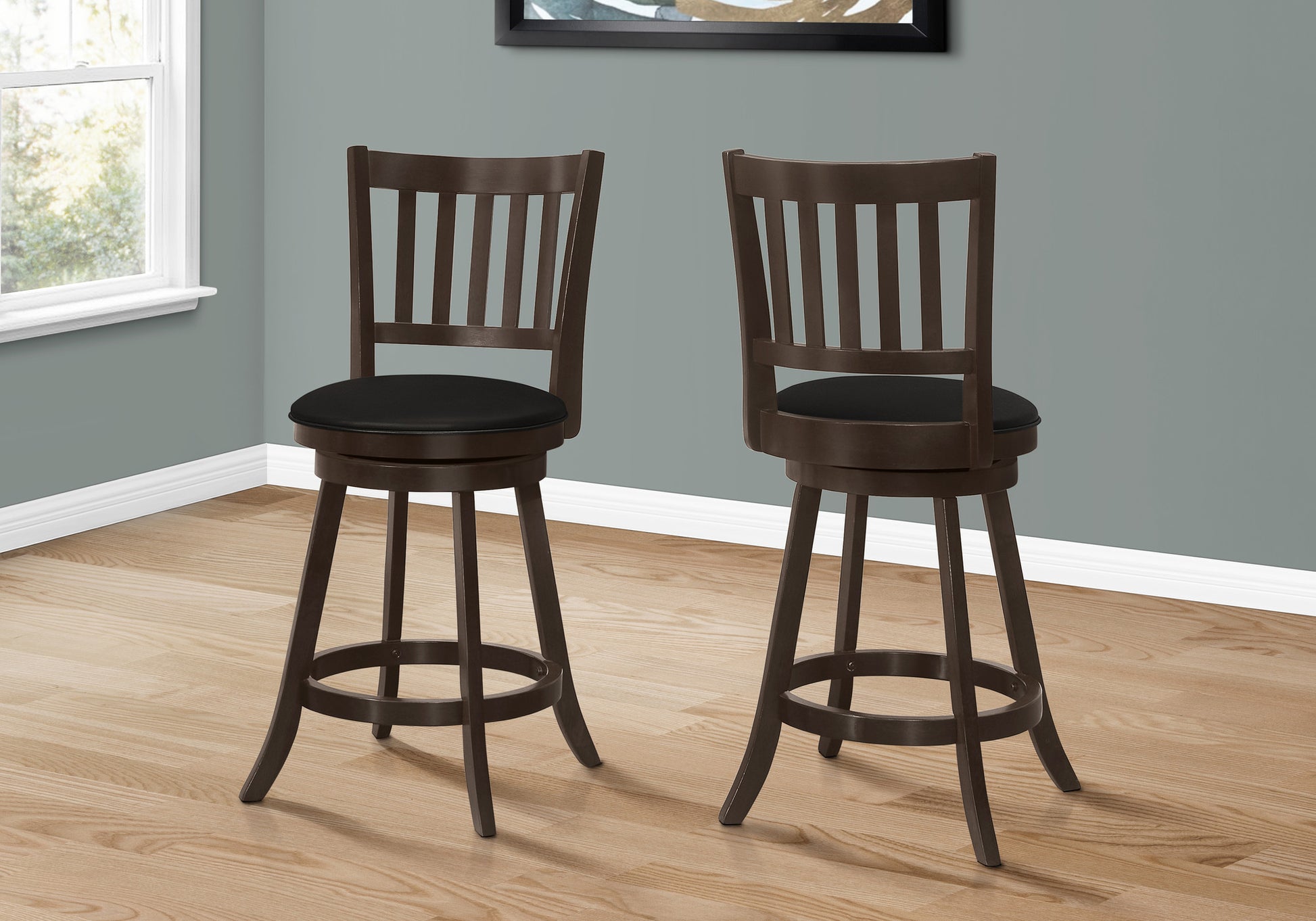 Set Of Two 23" Black And Espresso Faux Leather And Solid Wood Swivel Counter Height Bar Chairs With Footrest By Homeroots | Bar Stools | Modishstore - 3