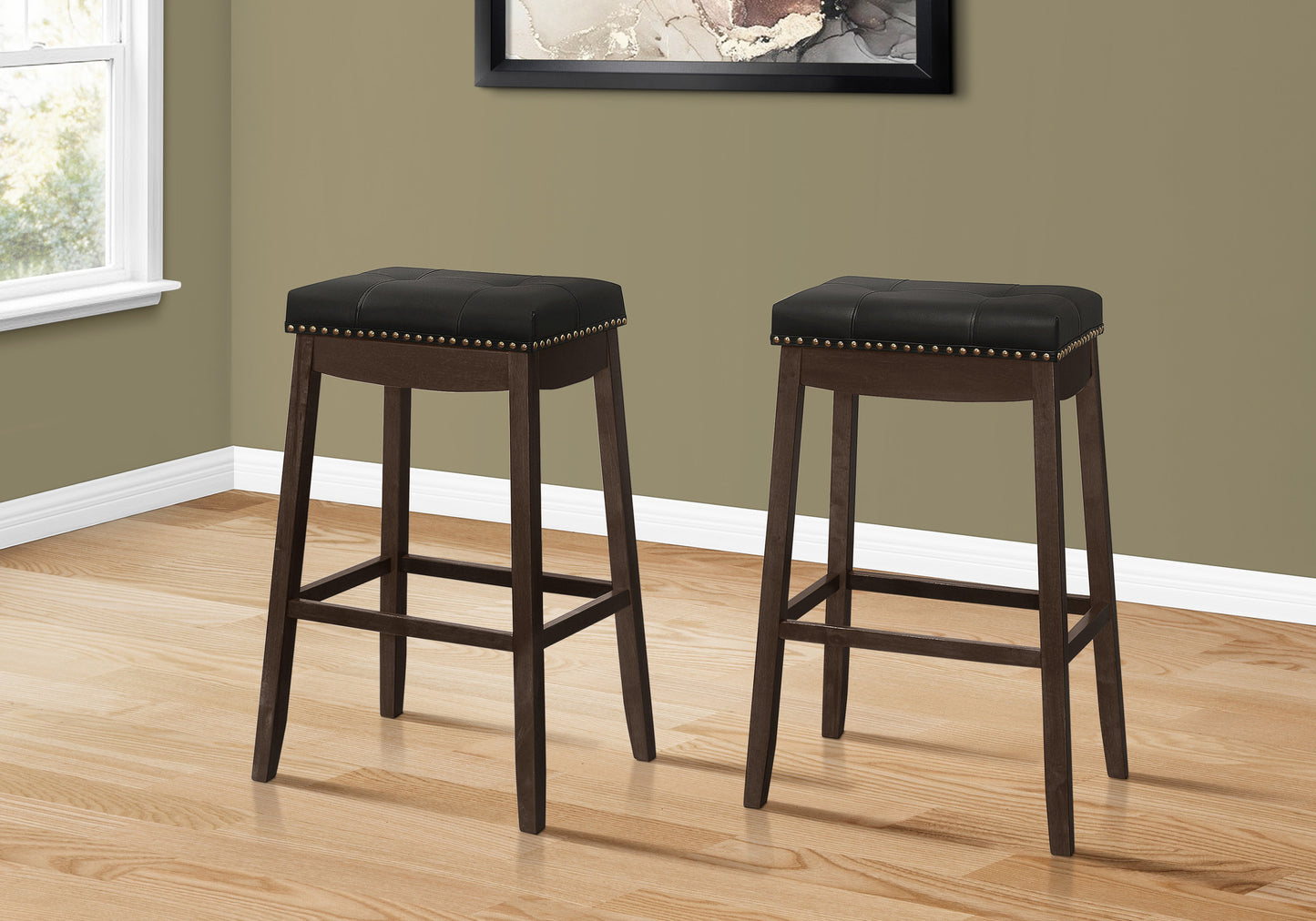 Set Of Two 30" Black And Espresso Faux Leather And Solid Wood Backless Bar Height Bar Chairs With Footrest By Homeroots | Bar Stools | Modishstore - 3