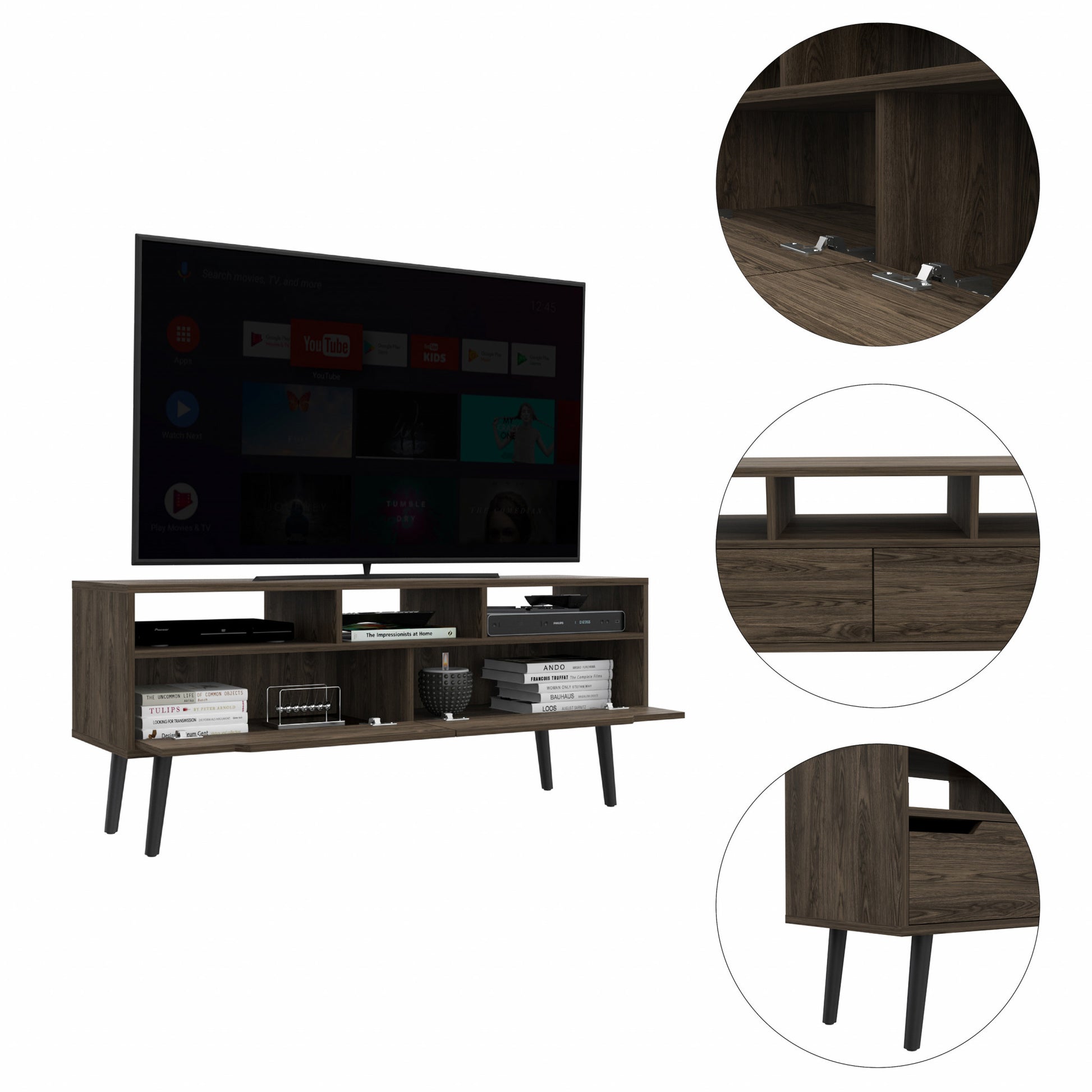 54" Dark Walnut Manufactured Wood Open Shelving TV Stand By Homeroots | TV Stands | Modishstore - 3