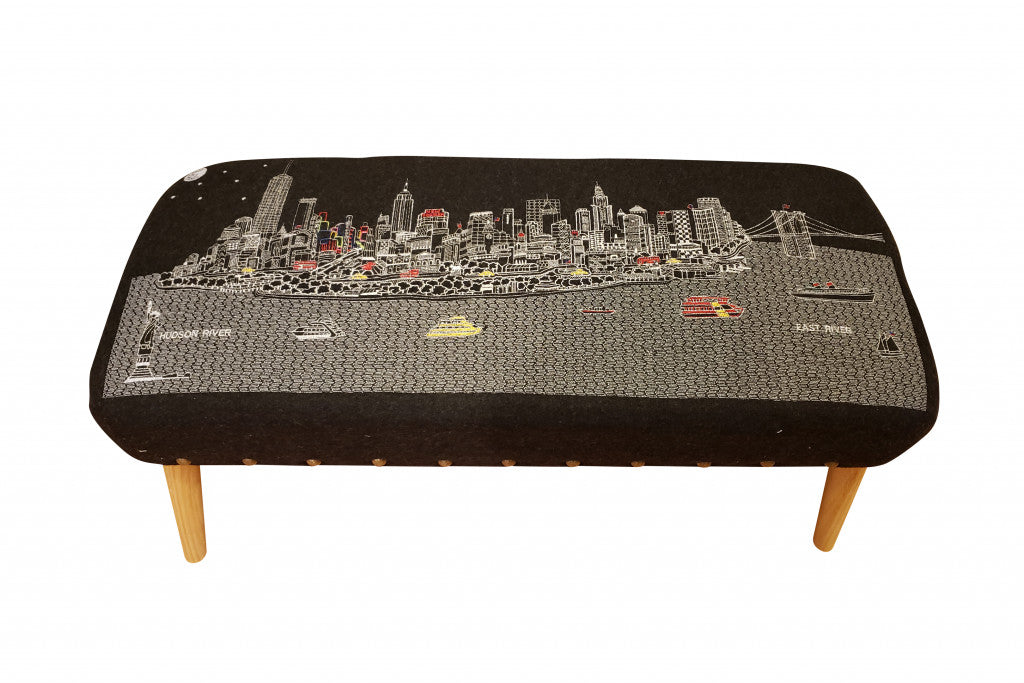 38" NYC Nighttime Skyline Embroidered Ottoman By Homeroots | Ottomans | Modishstore