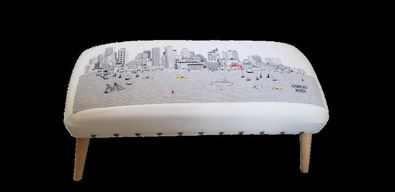 38" White Boston Daylight Skyline Embroidered Ottoman By Homeroots | Ottomans | Modishstore