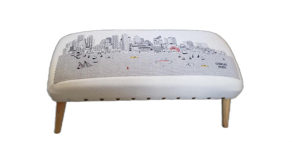 38" White Boston Daylight Skyline Embroidered Ottoman By Homeroots | Ottomans | Modishstore - 2