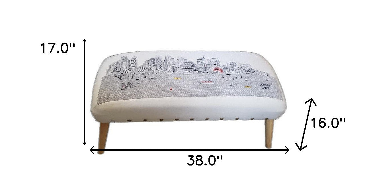 38" White Boston Daylight Skyline Embroidered Ottoman By Homeroots | Ottomans | Modishstore - 3