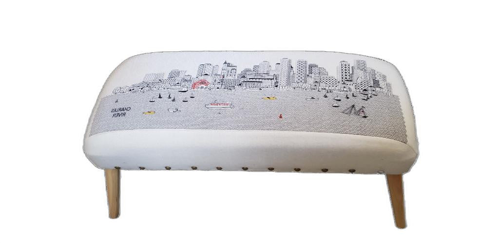 38" White Boston Daylight Skyline Embroidered Ottoman By Homeroots | Ottomans | Modishstore - 4