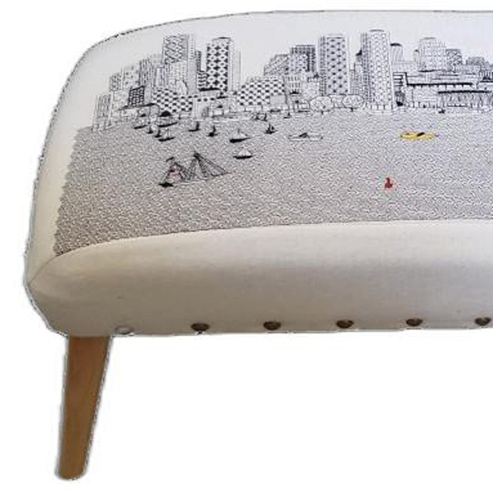 38" White Boston Daylight Skyline Embroidered Ottoman By Homeroots | Ottomans | Modishstore - 5