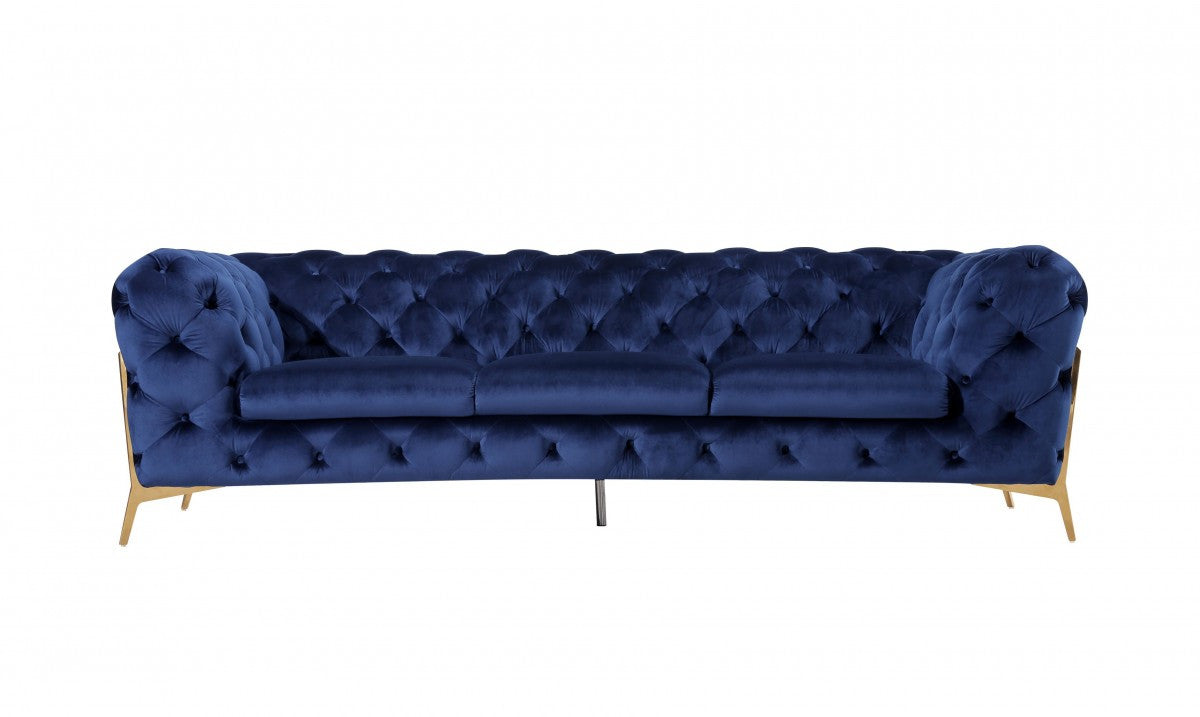 Contemporary 97" Blue Velvet And Gold Accent Sofa By Homeroots | Sofas | Modishstore