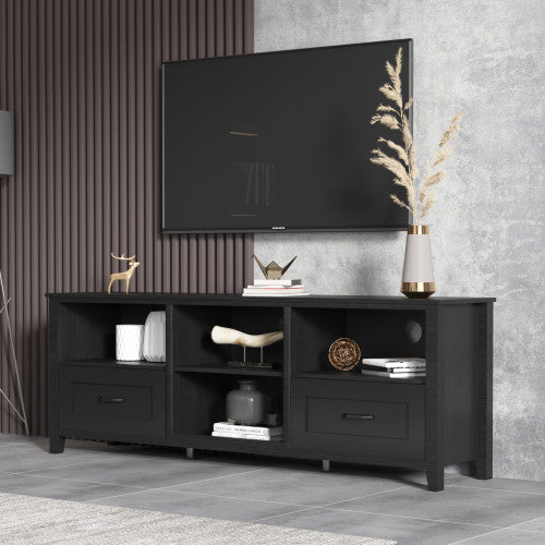 70" Black Open Shelving TV Stand With Bookcase and Two Drawers By Homeroots | TV Stands | Modishstore