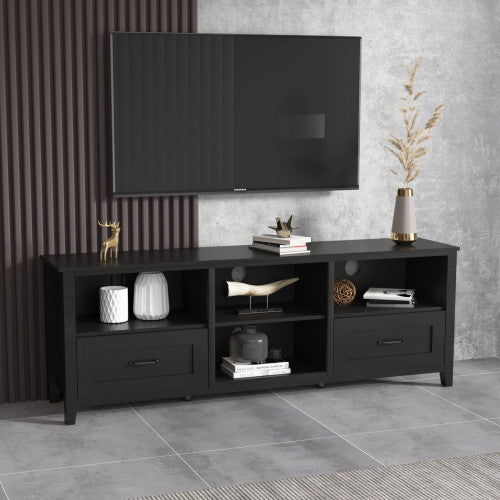 70" Black Open Shelving TV Stand With Bookcase and Two Drawers By Homeroots | TV Stands | Modishstore - 2