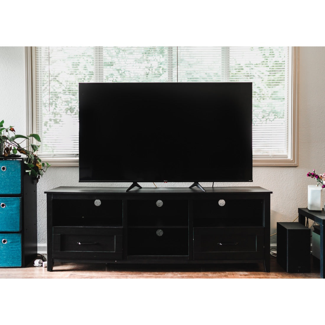 70" Black Open Shelving TV Stand With Bookcase and Two Drawers By Homeroots | TV Stands | Modishstore - 5