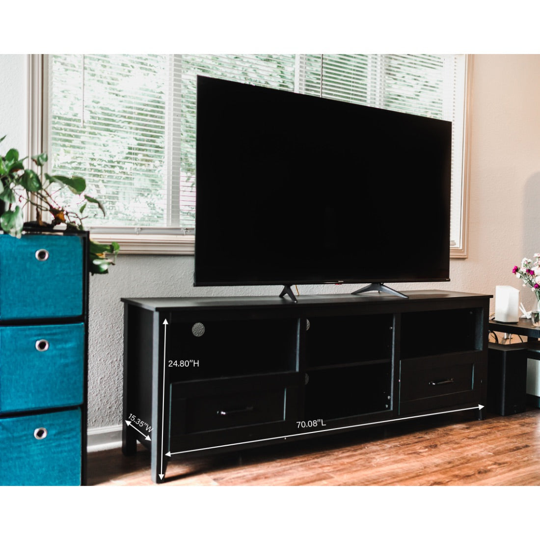 70" Black Open Shelving TV Stand With Bookcase and Two Drawers By Homeroots | TV Stands | Modishstore - 6