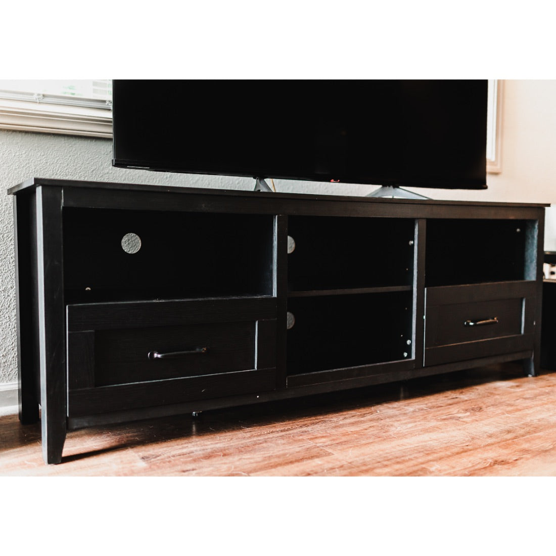 70" Black Open Shelving TV Stand With Bookcase and Two Drawers By Homeroots | TV Stands | Modishstore - 7