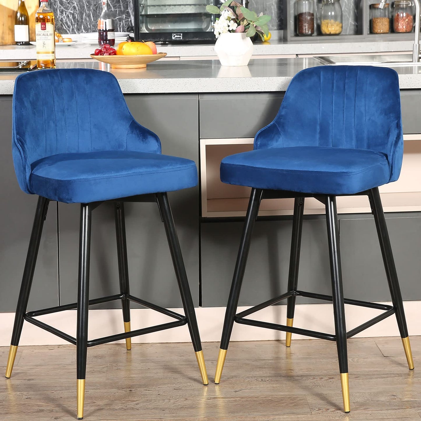 Set Of Two 36" Blue Velvet And Black And Gold Iron Swivel Bar Height Chairs By Homeroots