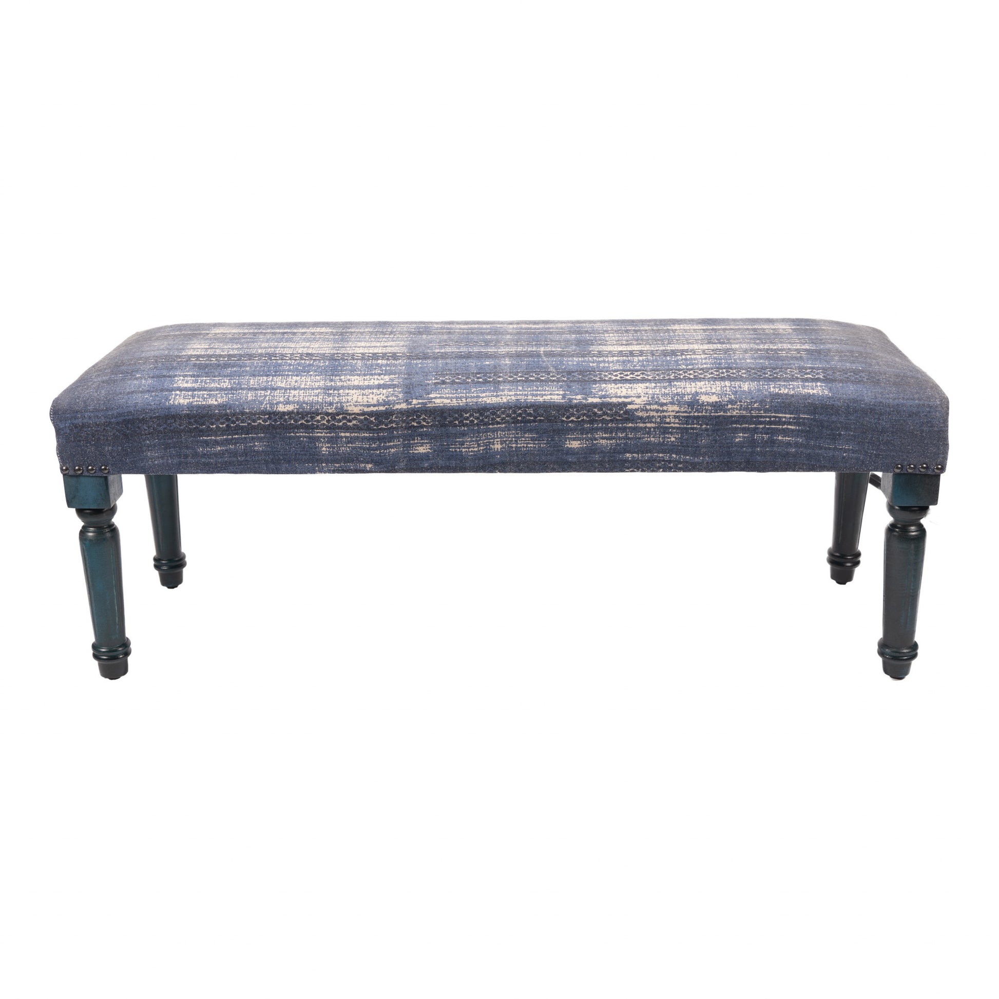 47" Blue And Cream Abstract Design Blue Leg Upholstered Bench By Homeroots | Benches | Modishstore - 2