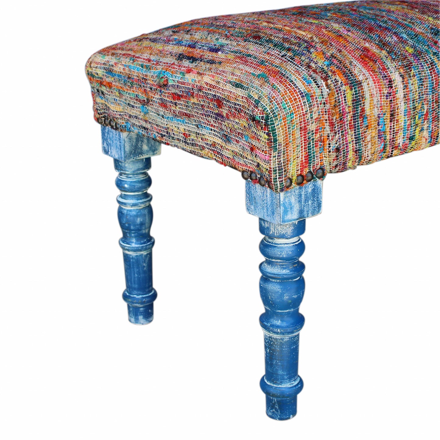 47" Rainbow Stripe Blue Leg Upholstered Bench By Homeroots | Benches | Modishstore - 4