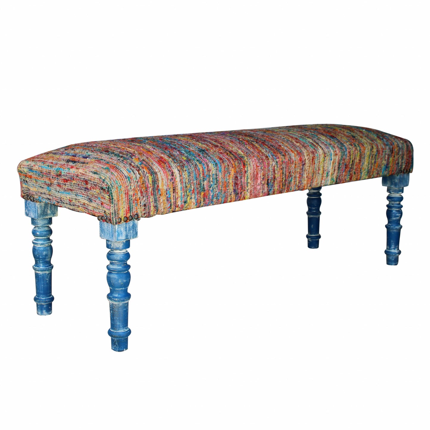 47" Rainbow Stripe Blue Leg Upholstered Bench By Homeroots | Benches | Modishstore - 3