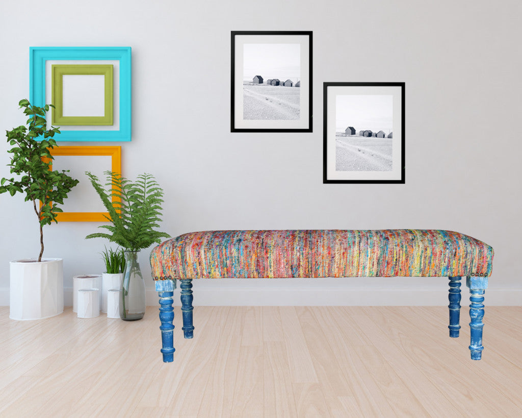 47" Rainbow Stripe Blue Leg Upholstered Bench By Homeroots | Benches | Modishstore - 7