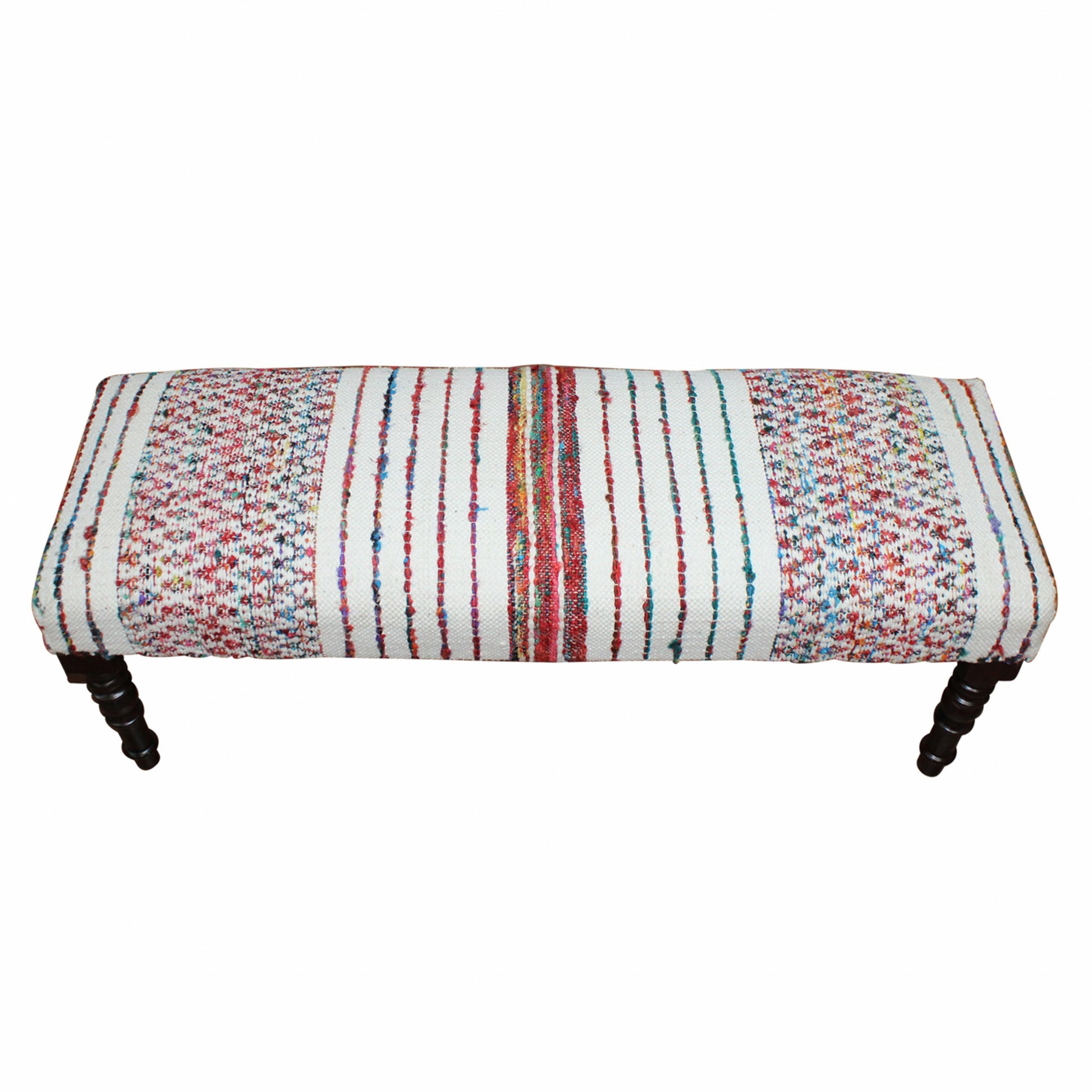 47" Ivory Red and Pink Black Leg Chevron Stripe Upholstered Bench By Homeroots | Benches | Modishstore - 2