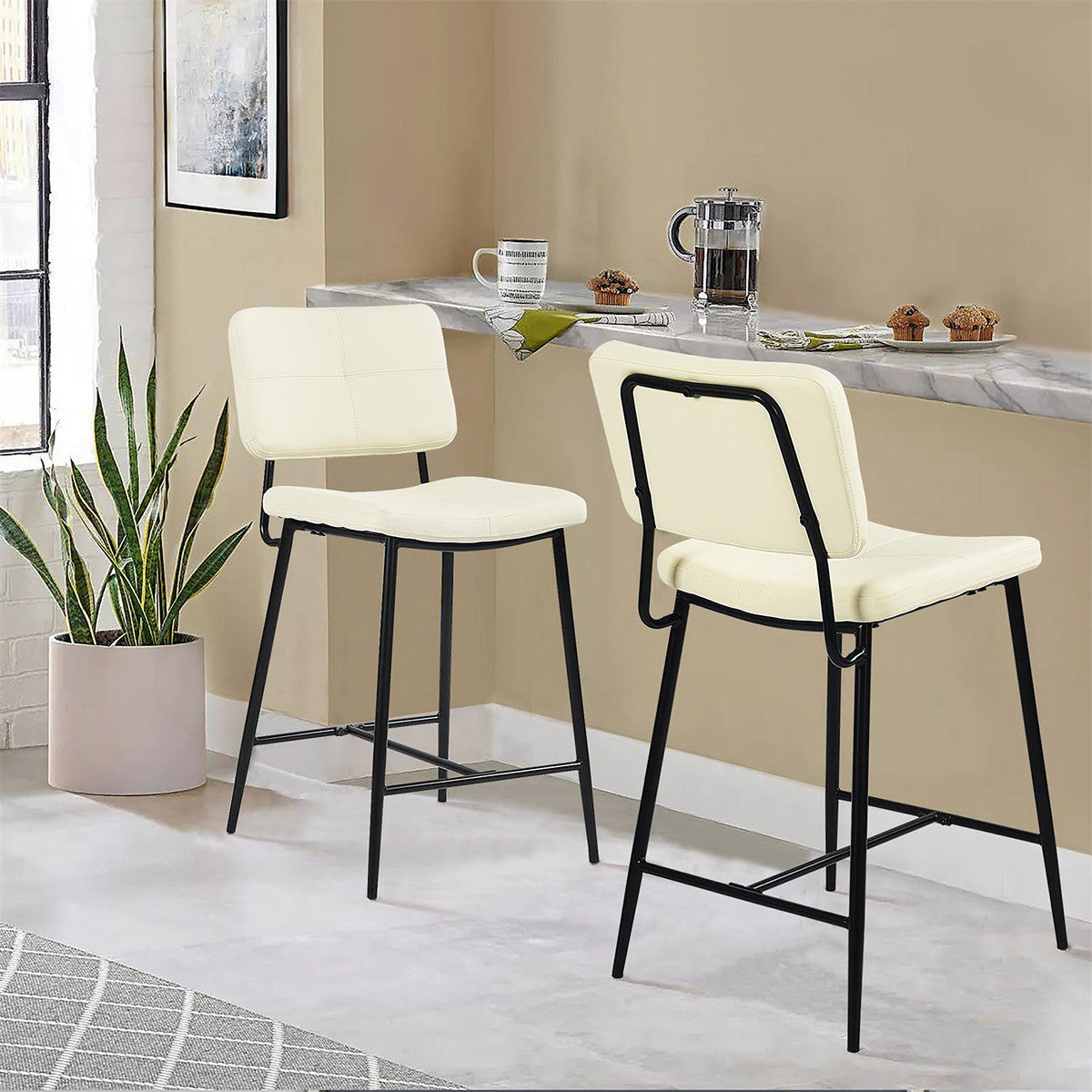 Set Of Two 36" Cream Faux Leather And Black Low Back Counter Height Bar Chairs By Homeroots