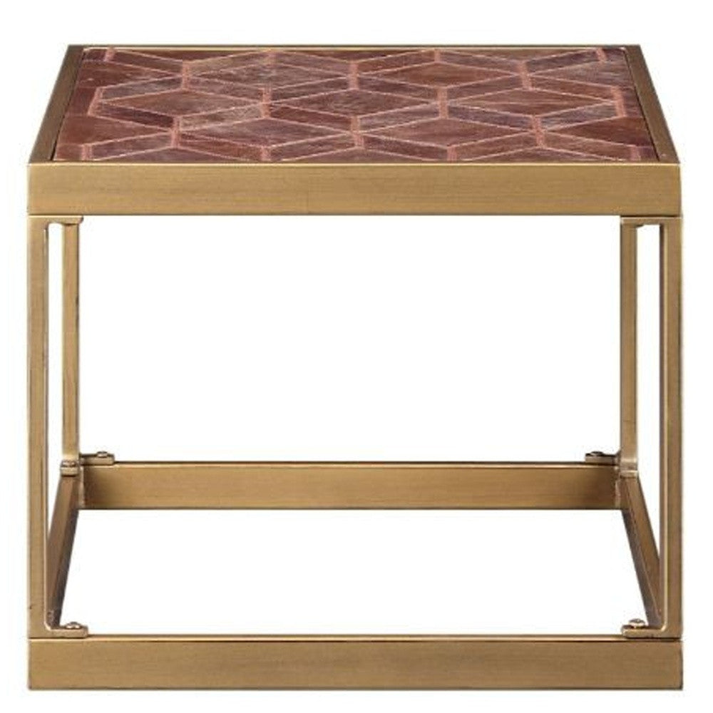 16" Brass And Warm Brown Leather Rectangular End Table By Homeroots | End Tables | Modishstore - 5