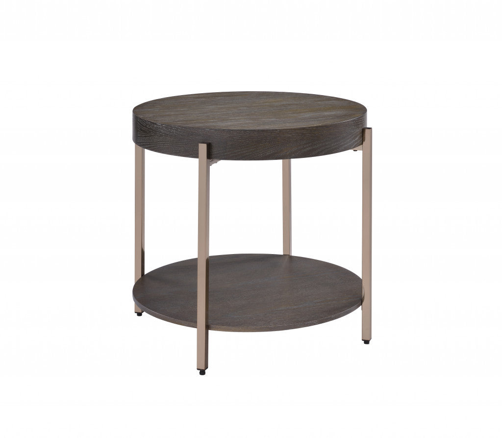 23" Champagne Metal And Dark Oak Manufactured Wood Round Two Tier End Table By Homeroots | End Tables | Modishstore - 4