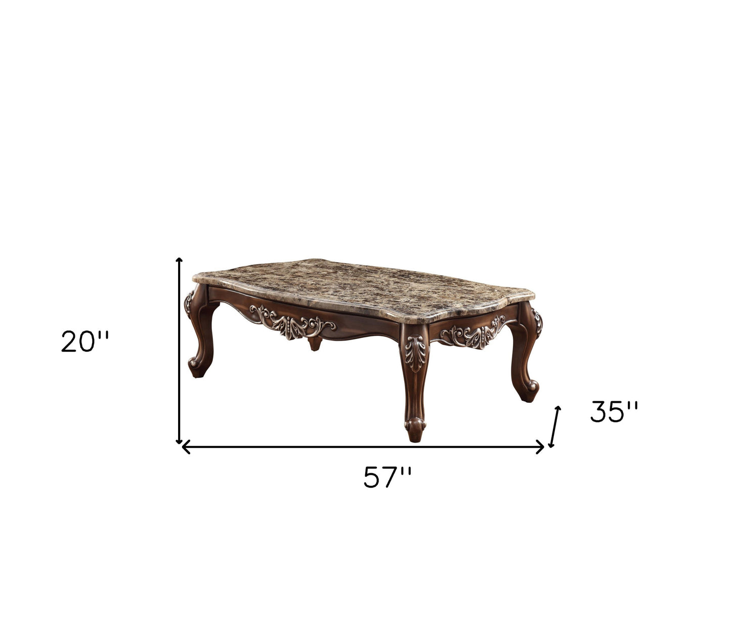 57" Antique Oak And Brown Marble Faux Marble Rectangular Coffee Table By Homeroots