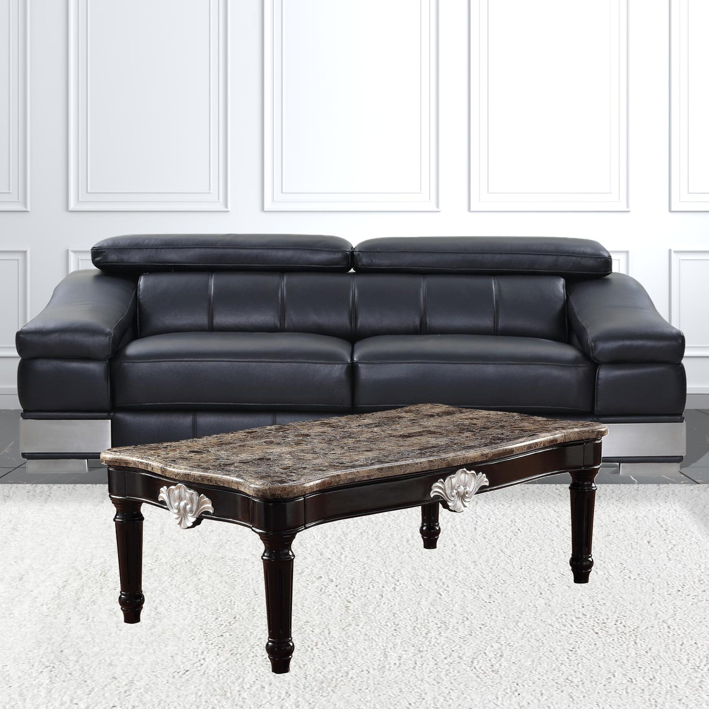 56" Black And Brown Faux Marble Rectangular Coffee Table By Homeroots
