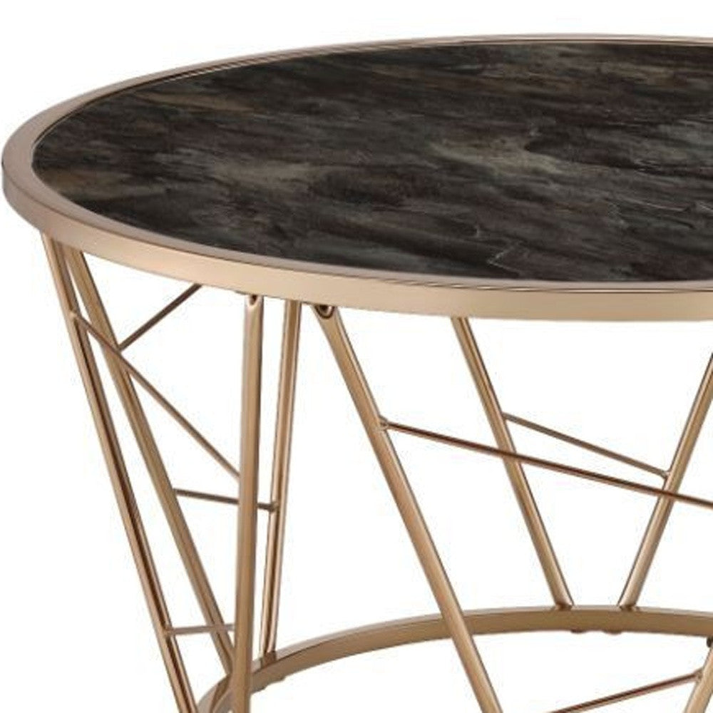 33" Gold Steel And Faux Black Marble Round Top Coffee Table By Homeroots