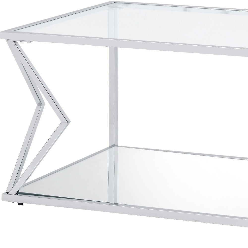 43" Chrome And Clear Glass Rectangular Coffee Table With Shelf By Homeroots