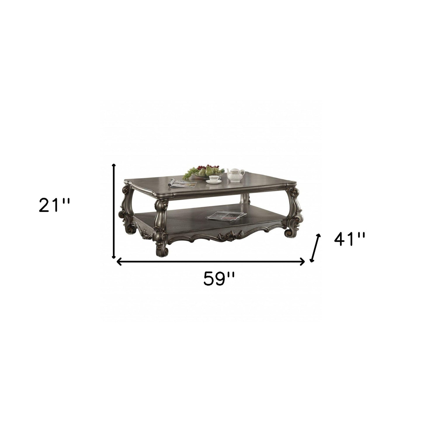59" Antique Platinum Manufactured Wood Rectangular Coffee Table With Shelf By Homeroots
