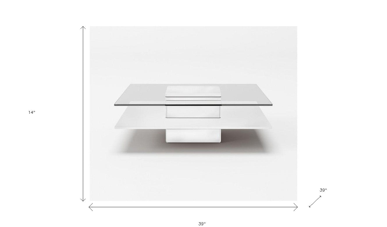 39" White And Clear Glass Square Coffee Table With Shelf By Homeroots