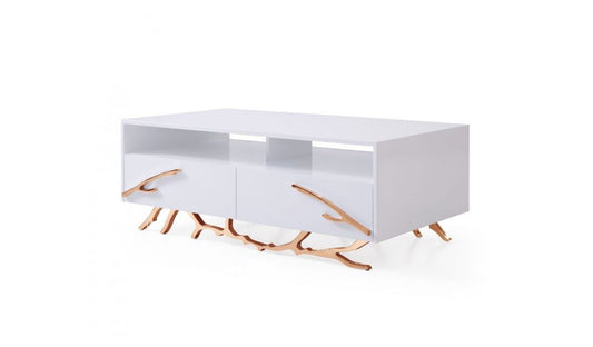 51" Rosegold And White Rectangular Coffee Table With Two Drawers And Two Shelves By Homeroots