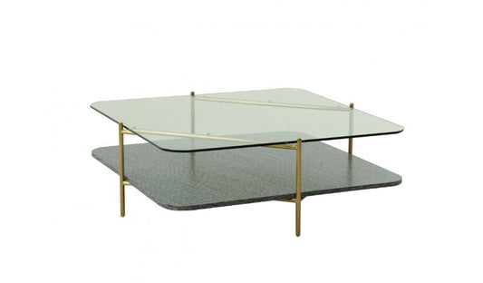 43" Gold And Clear Glass Square Coffee Table With Shelf By Homeroots