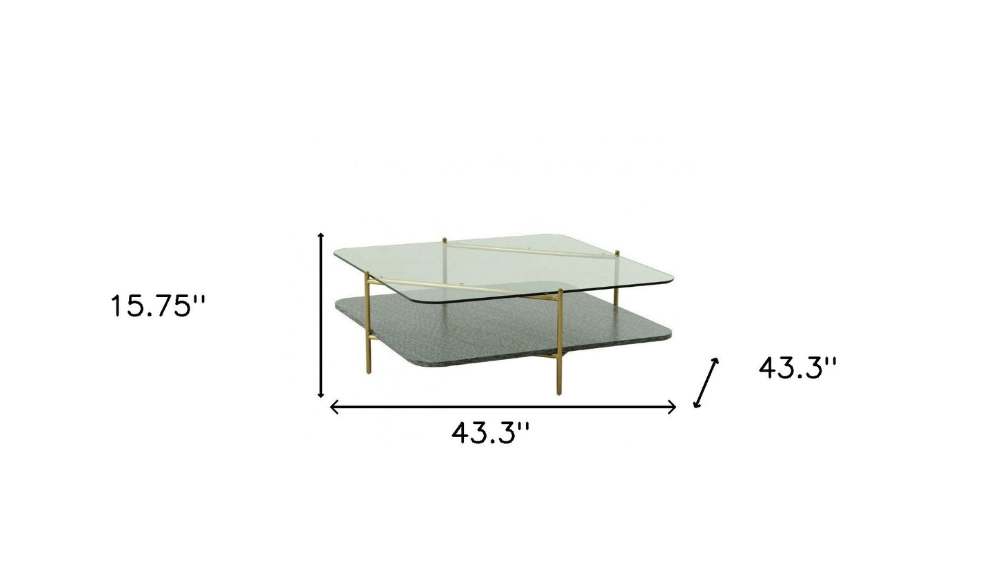 43" Gold And Clear Glass Square Coffee Table With Shelf By Homeroots