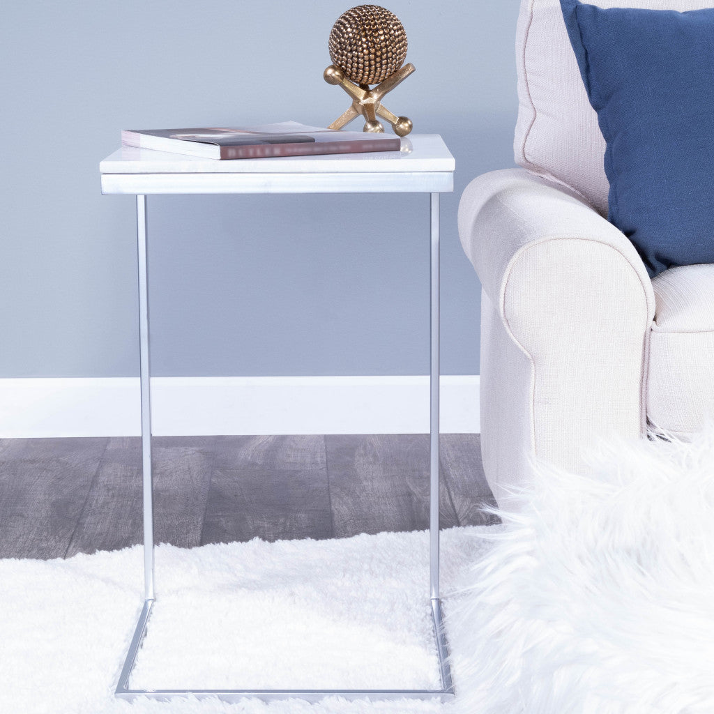 26" Silver and White Marble Square C Shape End Table By Homeroots | End Tables | Modishstore - 8