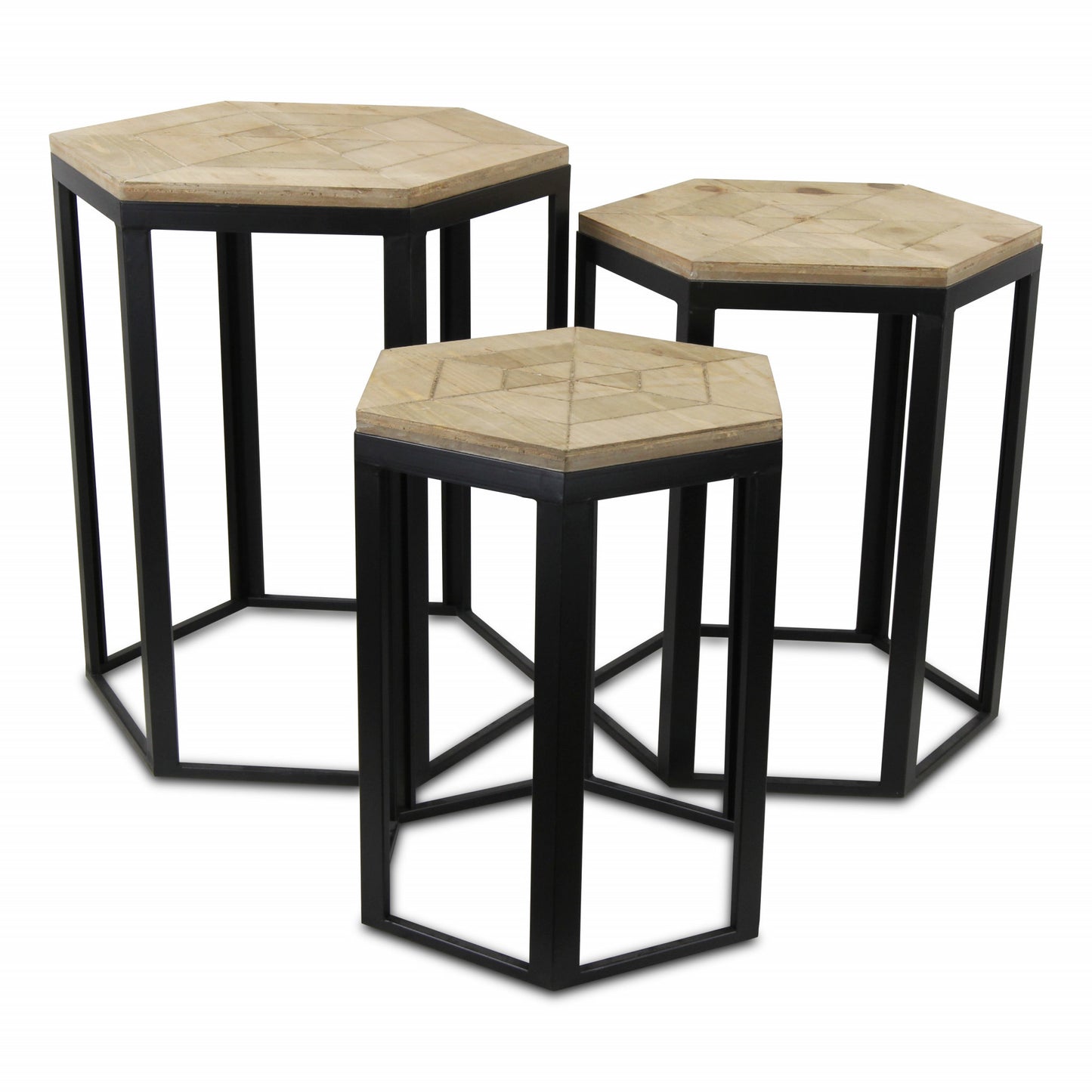 Set Of Three 25" Black And Brown Solid Wood And Steel Hexagon Nested Tables By Homeroots | End Tables | Modishstore - 3