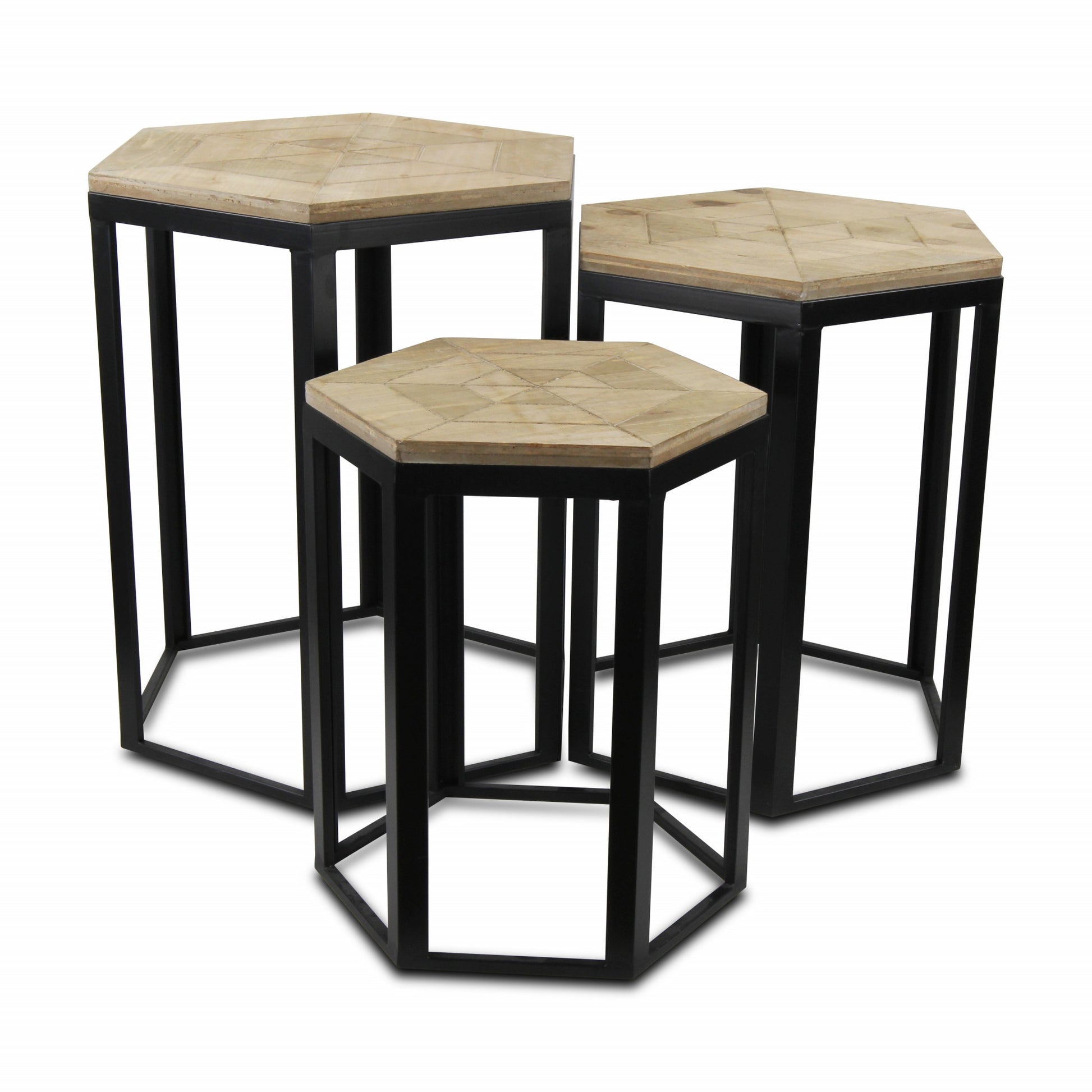 Set Of Three 25" Black And Brown Solid Wood And Steel Hexagon Nested Tables By Homeroots | End Tables | Modishstore - 4