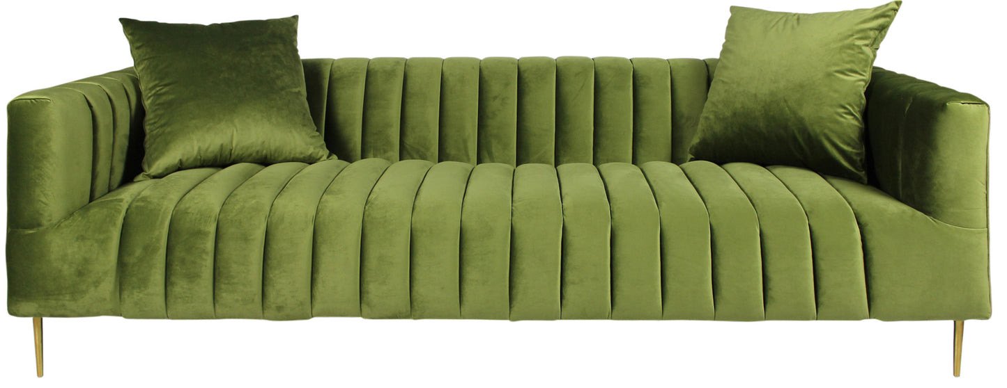 90" Moss Green Velvet And Gold Sofa With Two Toss Pillows By Homeroots | Sofas | Modishstore - 3