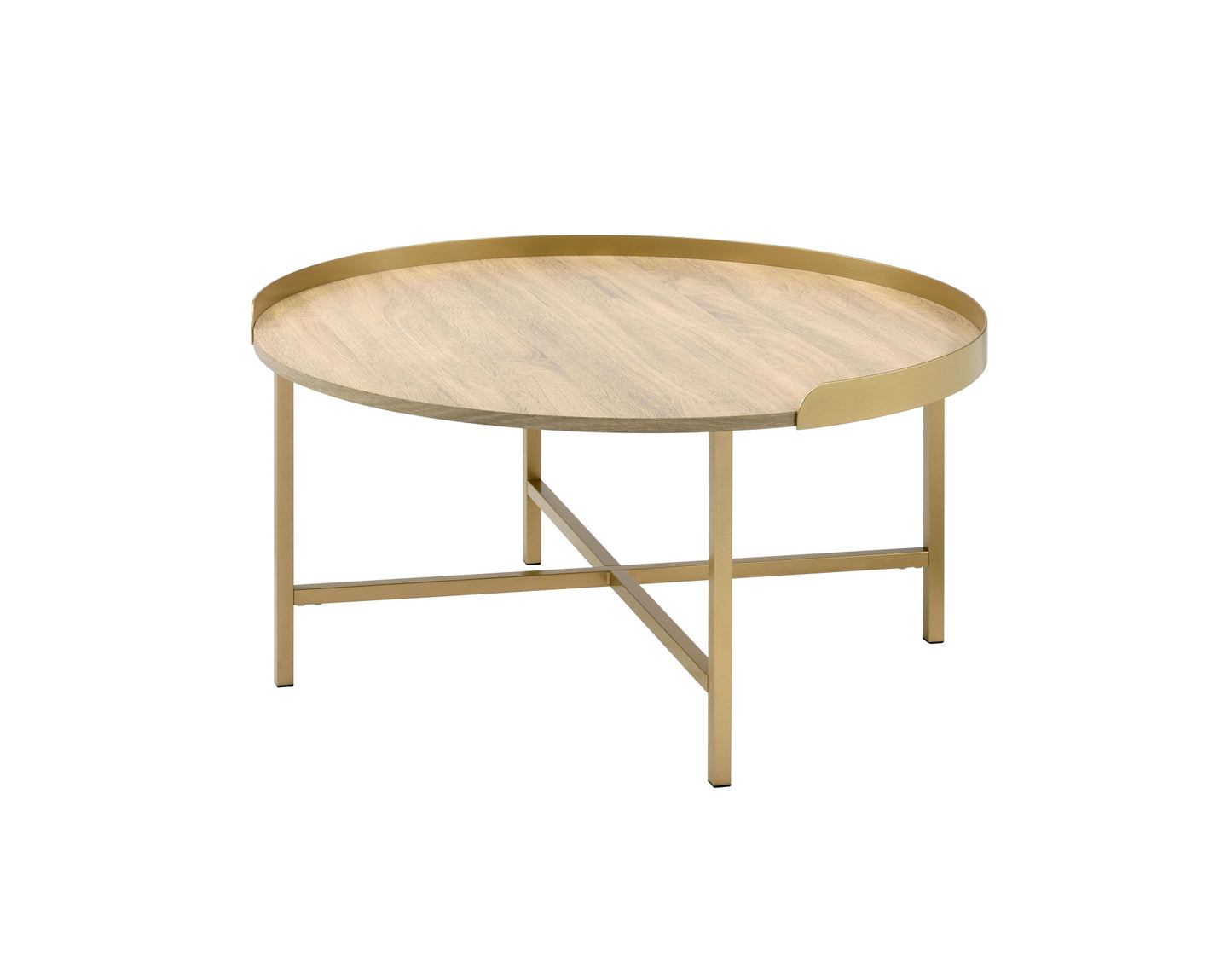 34" Gold And Oak Manufactured Wood And Metal Round Coffee Table By Homeroots | Coffee Tables | Modishstore