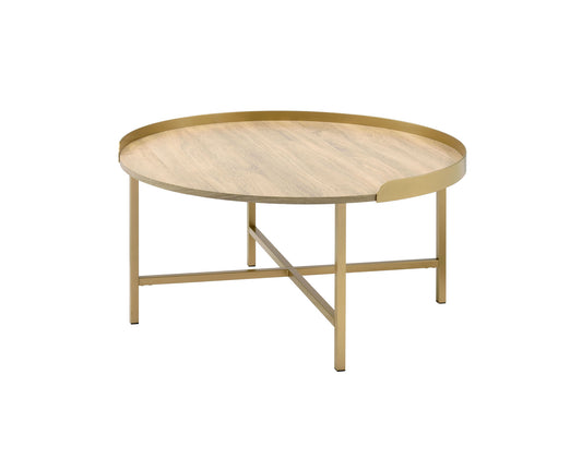 34" Gold And Oak Manufactured Wood And Metal Round Coffee Table By Homeroots