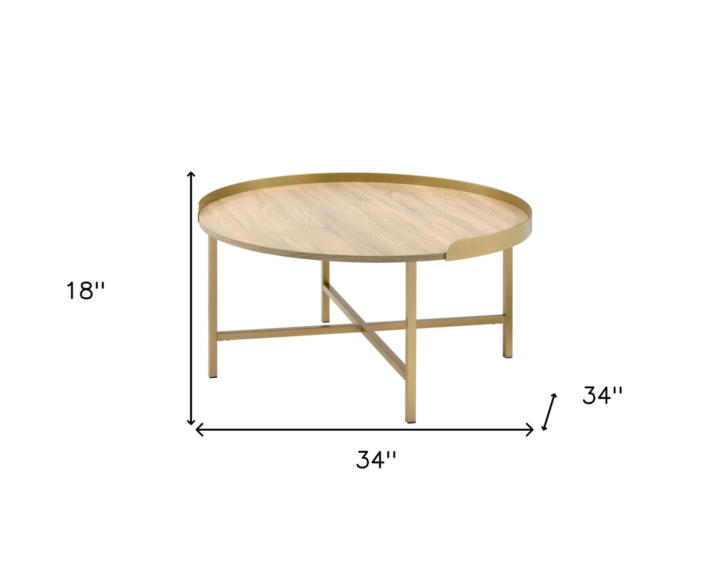 34" Gold And Oak Manufactured Wood And Metal Round Coffee Table By Homeroots | Coffee Tables | Modishstore - 6